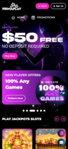 PrimaPlay mobile website displayed in a phone