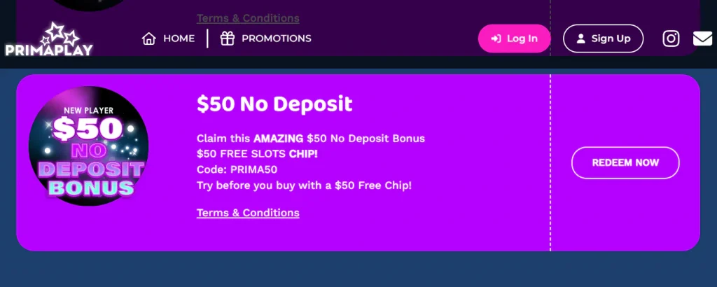 PrimaPlay PRIMA50 no-deposit promotion entry