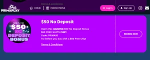 PrimaPlay PRIMA50 no-deposit promotion entry