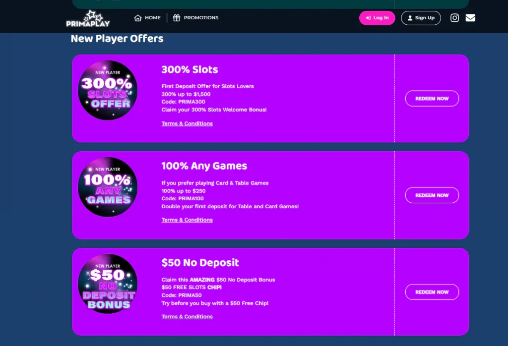 PrimaPlay promotions archive showing current welcome offers