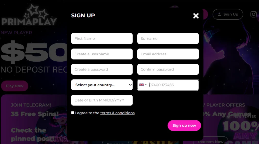 PrimaPlay registration form and account-country selection area