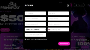 PrimaPlay registration form and account-country selection area