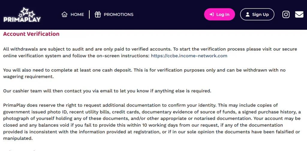 PrimaPlay terms section describing account verification