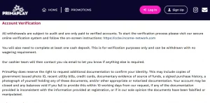 PrimaPlay terms section describing account verification