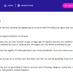 PrimaPlay terms showing United Kingdom in the restricted-country list