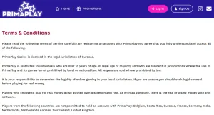 PrimaPlay terms showing United Kingdom in the restricted-country list