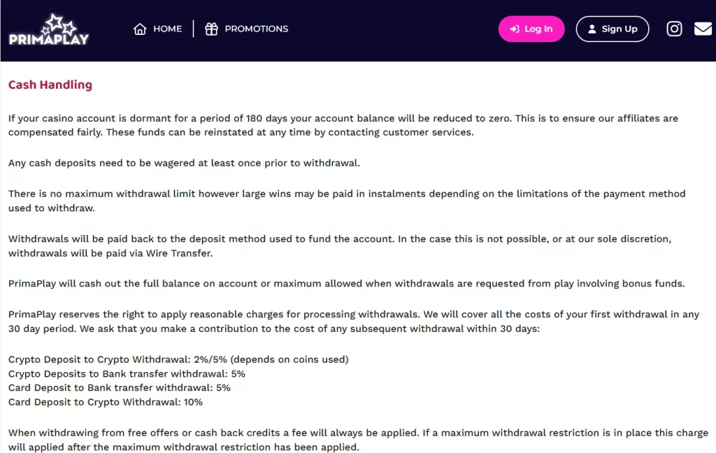 PrimaPlay withdrawal terms or cashier screen