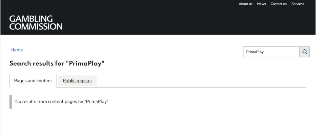 UK Gambling Commission public business register used to check PrimaPlay licence status