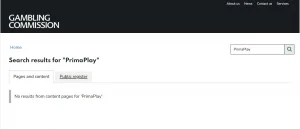 UK Gambling Commission public business register used to check PrimaPlay licence status